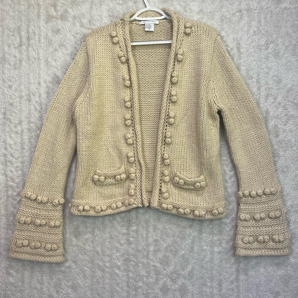Boho Pom Pom Chunky Knit Sweater Cardigan Sz XL Bell Sleeve Hook Clasps